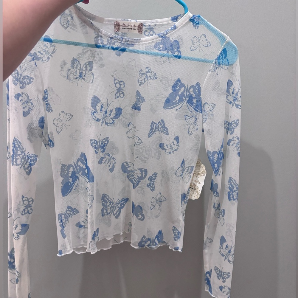 ALTARD STATE SHEER BLUE AND WHITE BUTTERFLY LONG SLEEVE TOP